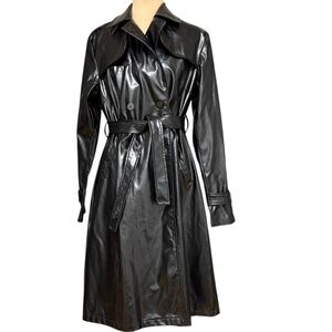 coat RAVE4REAL M black pleather poly classic trench pockets vintage